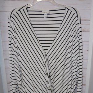 White and black striped wrap front knit blouse